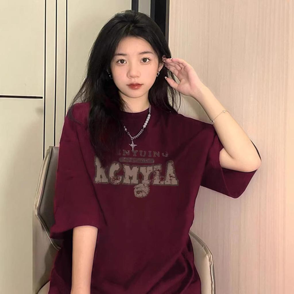 American Pure Cotton Burgundy Short-sleeved T-shirt Women's Summer Loose Large Size Fat Mm Hong Kong Flavor Chic Half-sleeved T-shirt Top
