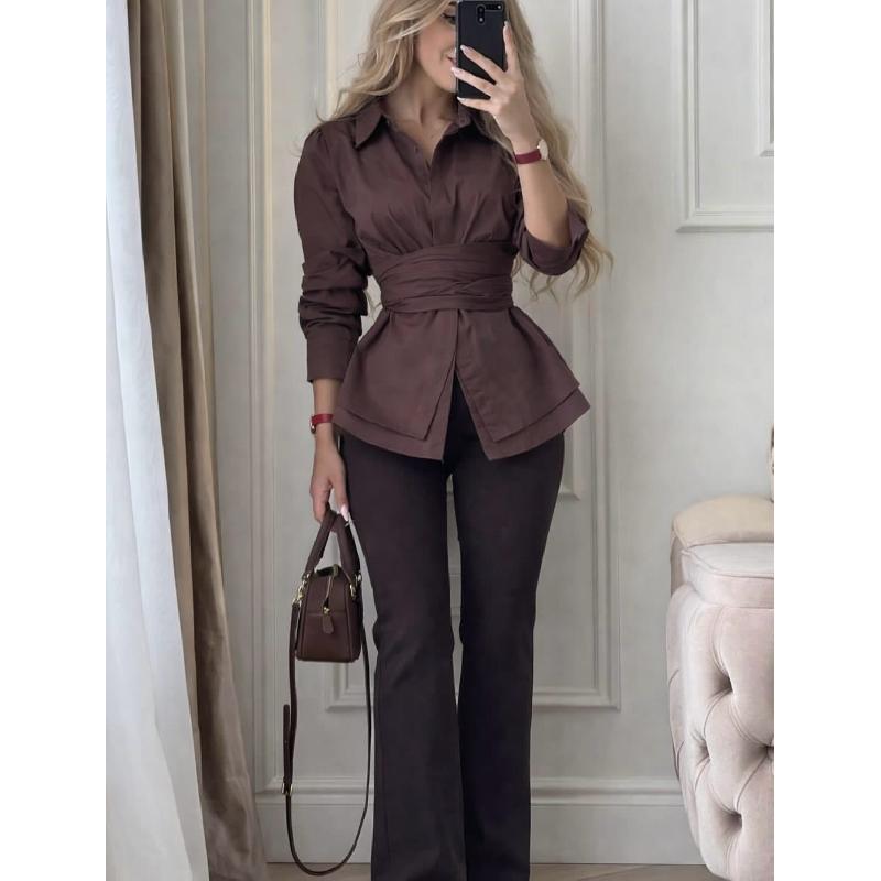 Women's 2026 Spring New Fashionable Elegant Collared Tie-Waist Solid Color Long-Sleeve Shirt Top