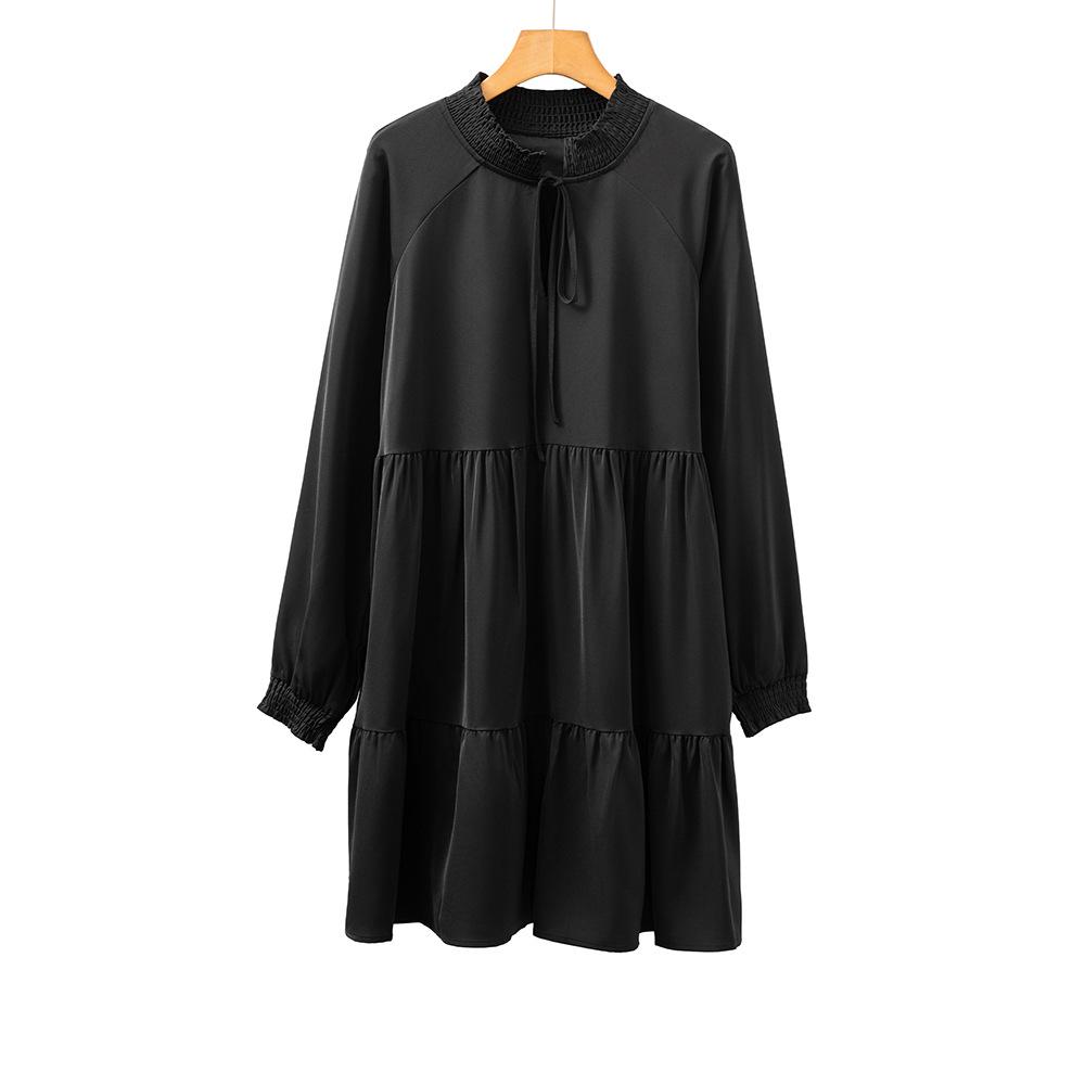 Shi Ying Women s Solid Color Autumn Midi Dress - Long Sleeve, Drawstring, Pointed Collar, Loose Fit M чёрный
