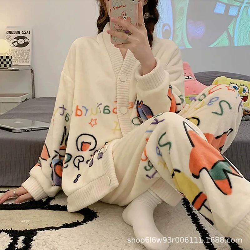 

Клетчатая пижама из кораллового флиса женская осенне-зимняя с плюшевым начесом, толстая фланелевая, милая домашняя одежда XS