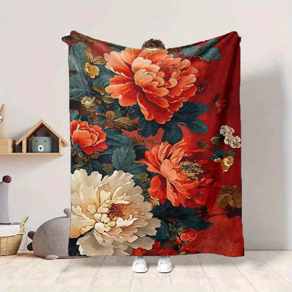1PC Peony Print Blanket - Soft Warm All-Season Throw for Sofa, Bed, Car, Office, Throw For Sofa yy250916108