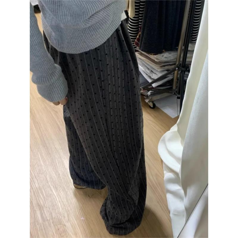 145cm Petite Women's Flocked Heart High-Waisted Wide-Leg Pants - Spring/Summer Casual Floor-Length Straight-Leg.