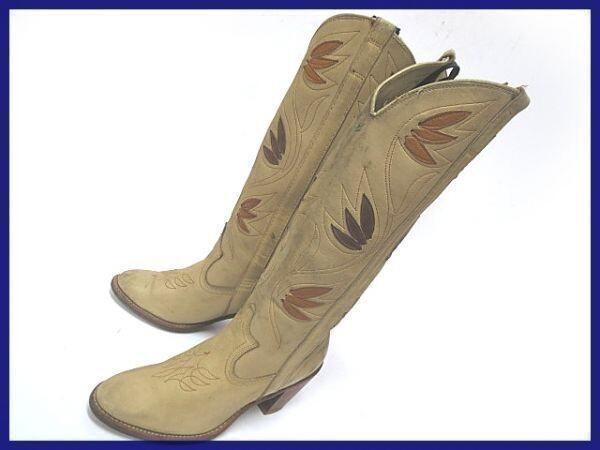 

USED/80s-90s USA vintage Dingo Goodyear welt hand-made leather western pecos boots 6 23.0 beige