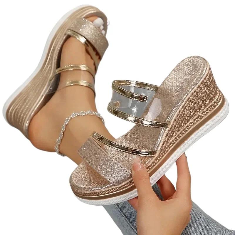 Solid Color Summer Modern Slippers Wedges Bling  Women's Shoes High Quality High Heel Outside Fashion Women's Slippers