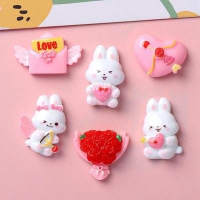 10Pcs Cute Valentine's Day Love Rabbit Bouquet Series Flat Back Resin Scrapbooking DIY Jewelry Hairpin Craft Decoration