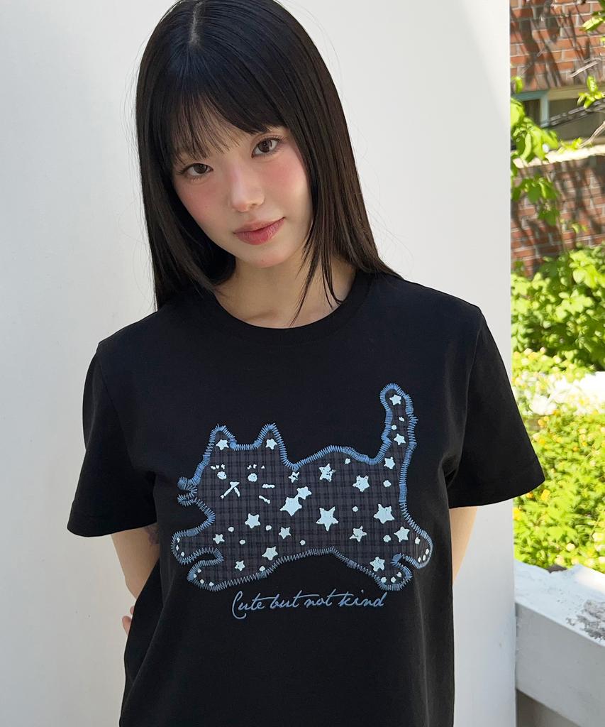 LMR Star Dot Cat Applique Short Sleeve T-Shirt Black