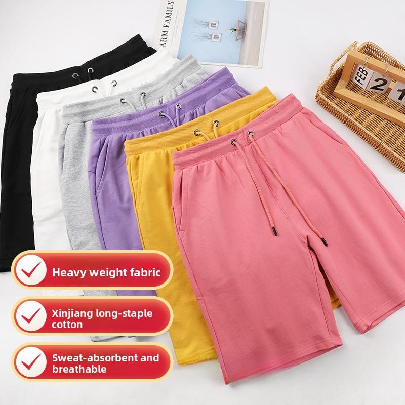 New Pure Cotton Terry Casual Shorts for Men and Women, Summer Solid Color Couple's Drawstring Knee-length Shorts