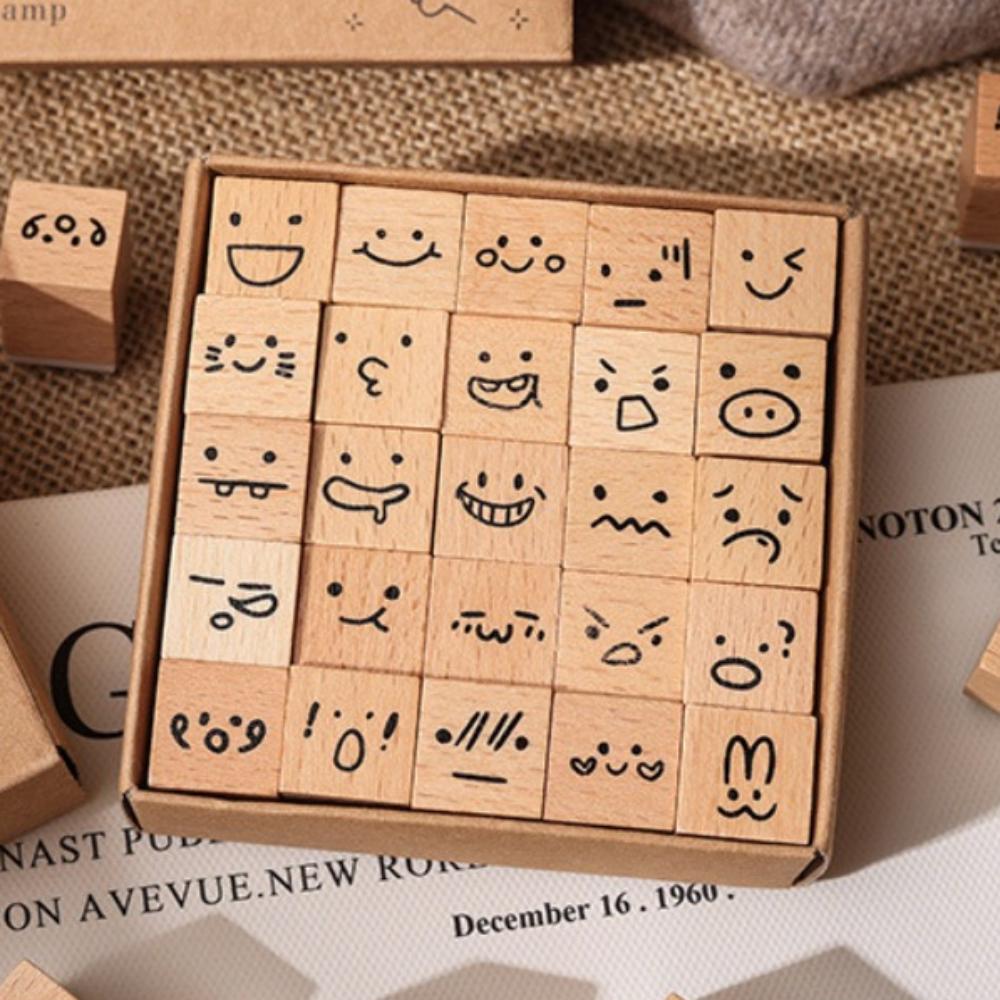 25pcs Butterfly Flower Themed Stamps Set Cute Expressions Weather Wood Rubber Stamp Cartoon DIY Craft Mini Wooden Stamps