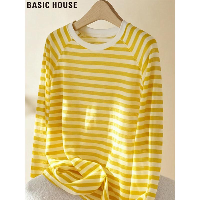 

Basic House Women s Striped Round Neck Long Sleeve T-Shirt