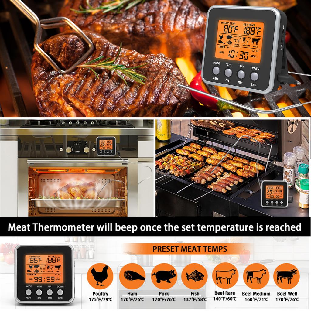 Orange Backlit LCD Digital Food Temperature Gauge Cooking Meat Thermometer with Temperature Probe, Digital Oven Thermometer for Grill Smoker Barbecue 