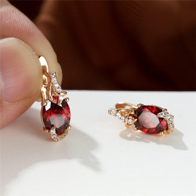White Blue Pink Red Oval Stone Earrings Rose Gold Color Wedding Earrings Multicolor Zircon Charm Crystal Hoop Earrings For Women