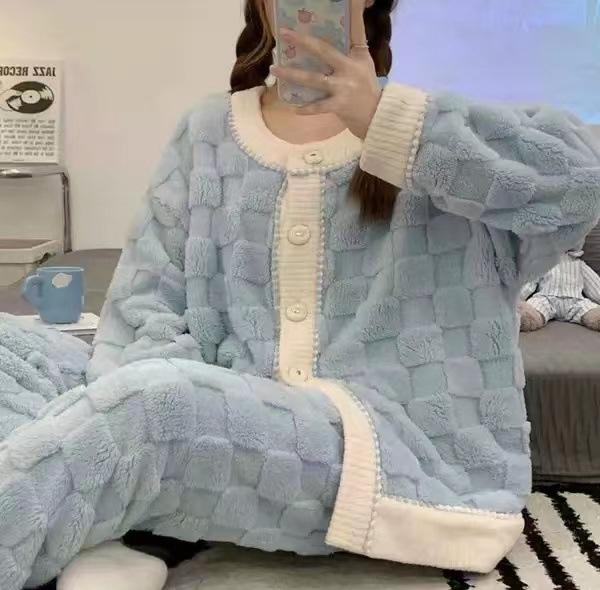 Green  White Blue Thickened Coral Fleece Pajamas Set Women Autumn Winter Lounge Home Warm Sleepwear Plus Size Homewear