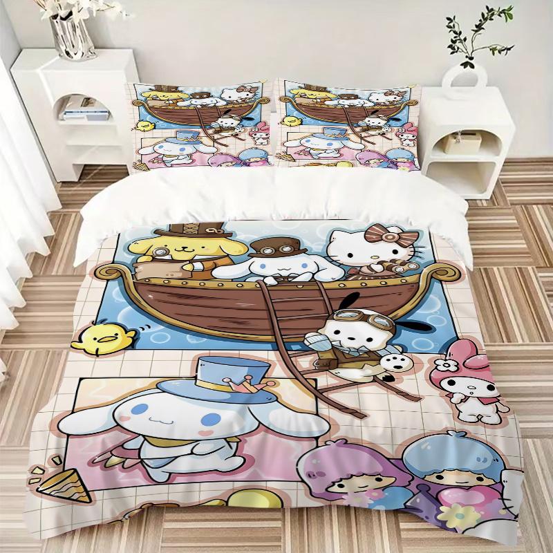 3pcs Cartoon Kitty On a Wooden Ship Bedding Set - Includes Quilt Cover and Pillowcases, Suitable for All Seasons,  H043