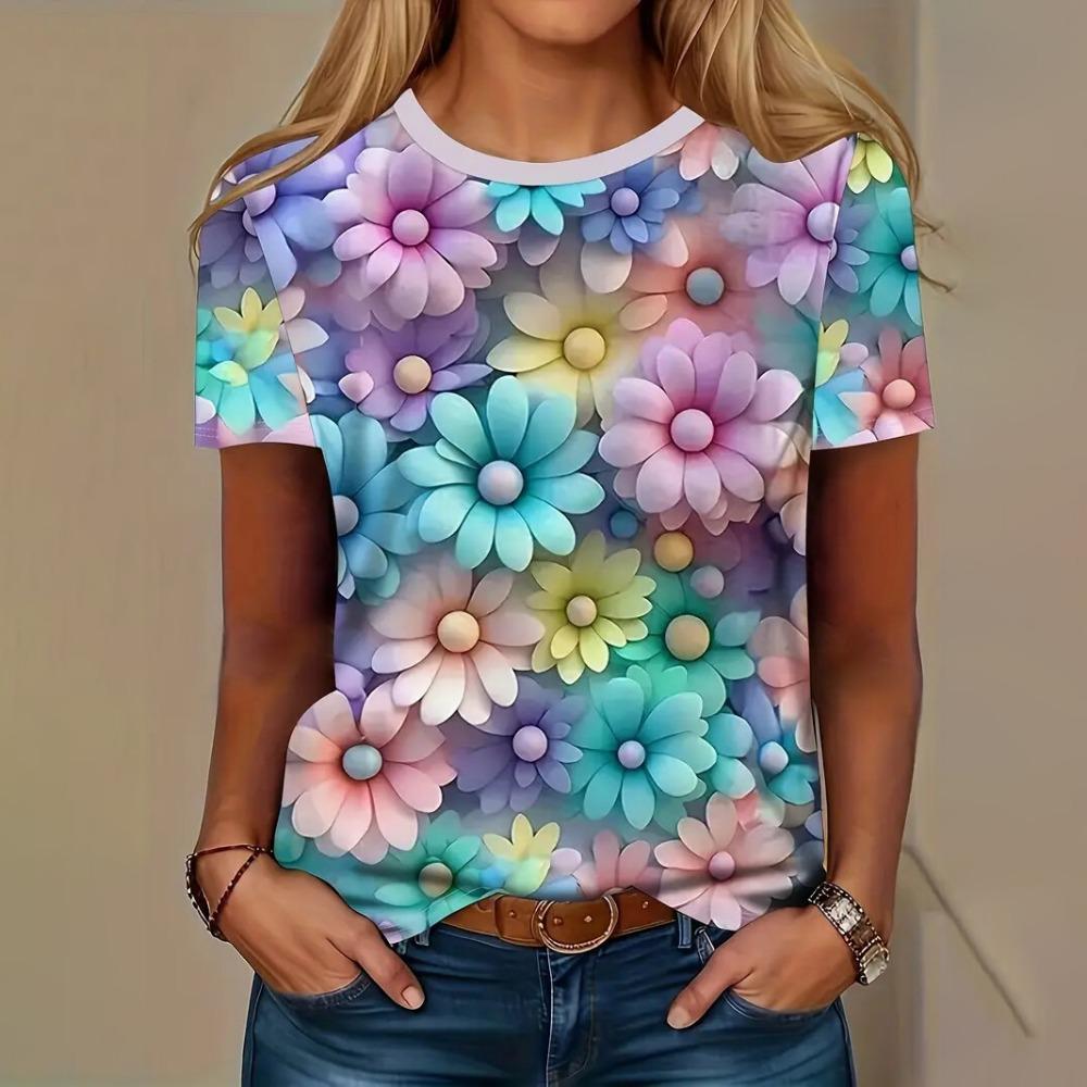 

Женская футболка с цветочным принтом, повседневная футболка с коротким рукавом, женская футболка с круглым вырезом, летний уличный модный топ, одежда для улицы 5XL