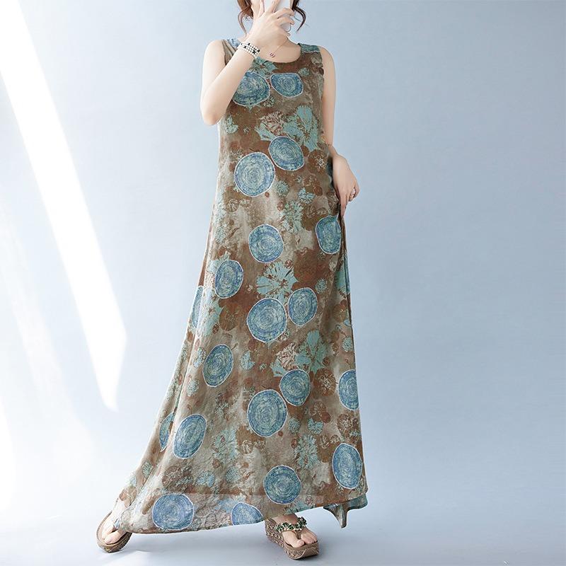 Real Summer New Bohemian Literary Loose Round Neck Print Sleeveless Dress Women's Medium and Long