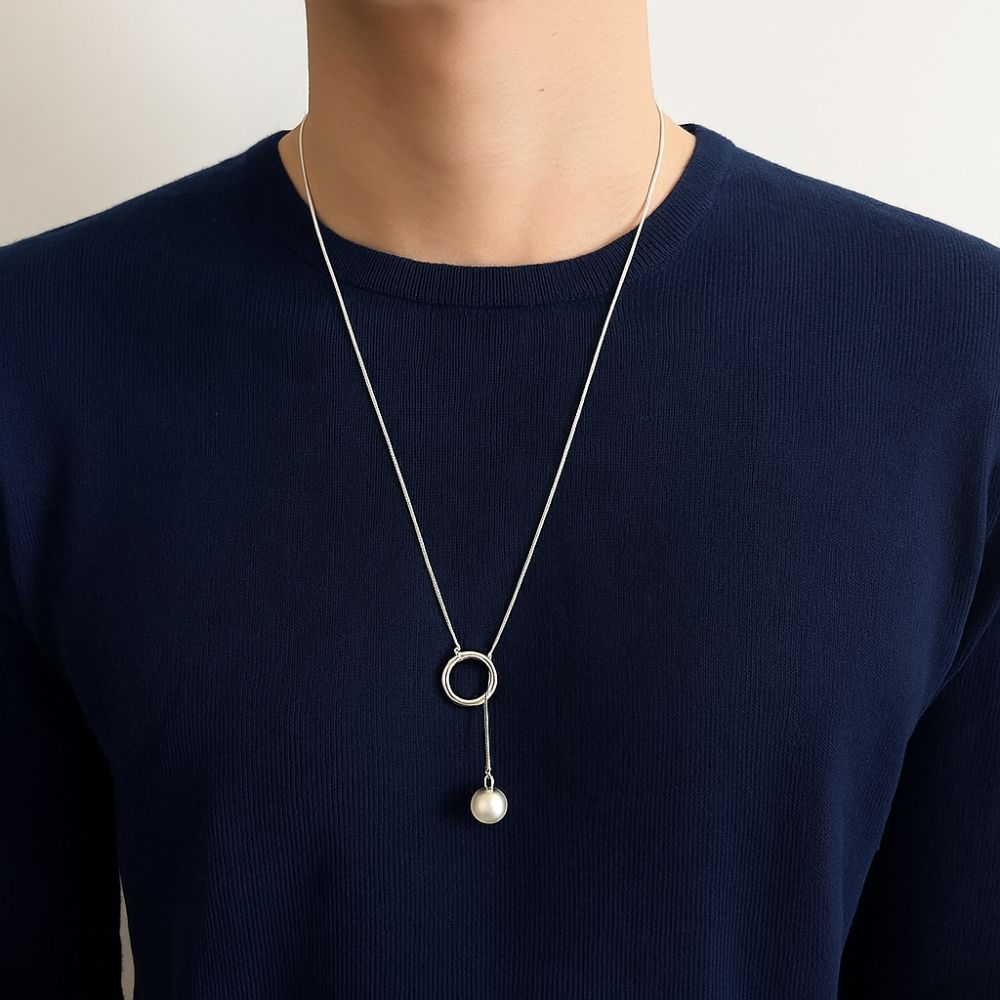 Geometric Shape Long Sweater Chain Luxury Silver Bead Necklace Brushed Round Ball Necklace  Gift