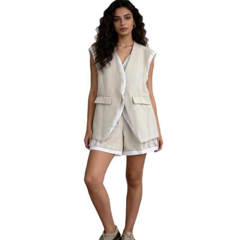 Literary Casual Style Suit Sleeveless Collar Loose Straight Vest + High-waist Lace Spliced Shorts
