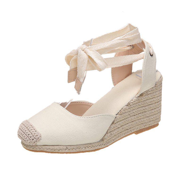 European & American Snakeskin Pattern Jute Wedge Women's Closed-Toe Backless Summer Sandals, Plus Size High Heel Shoes