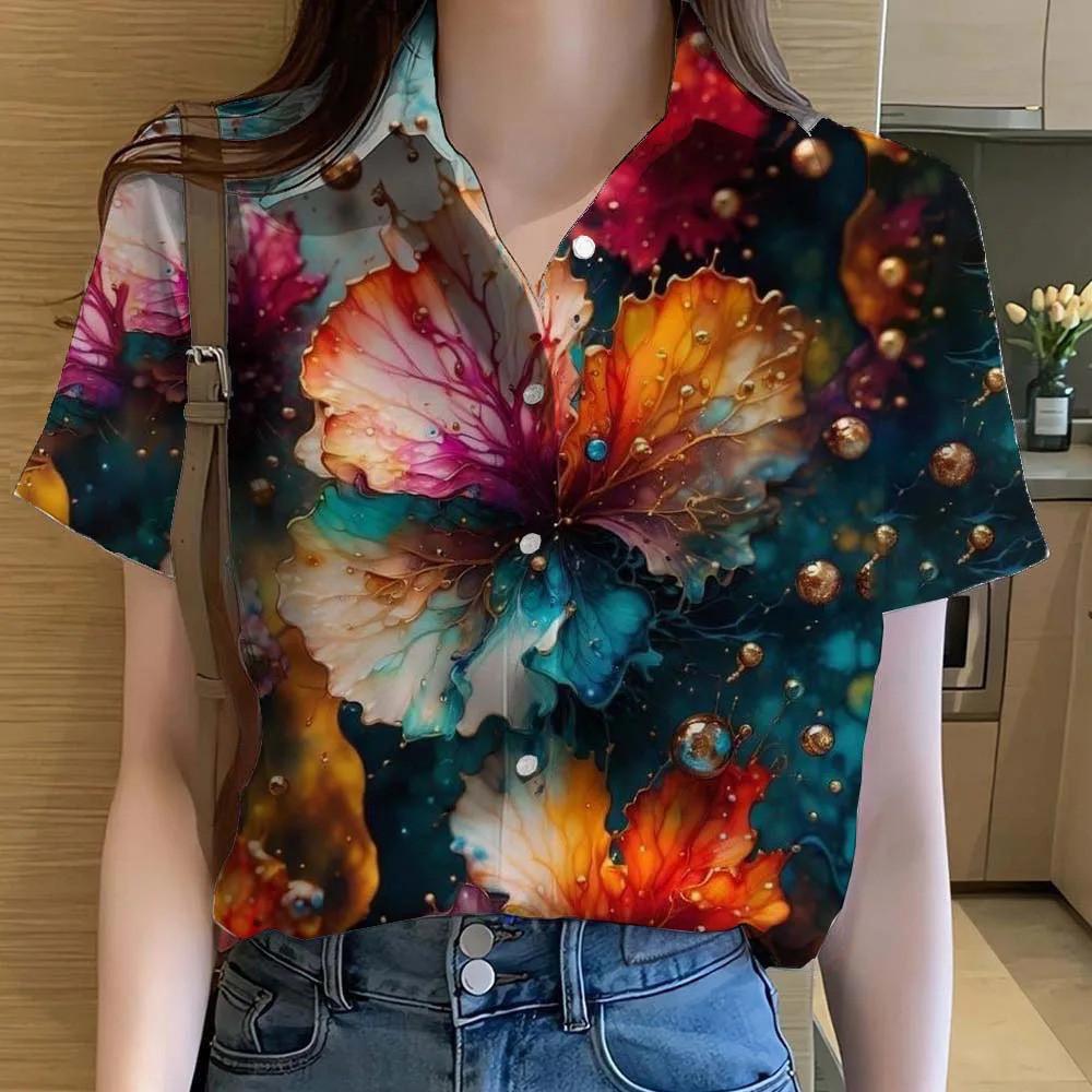 

Short Sleeve Floral Rose 3D Print Shirt - Casual Beachwear for Women S