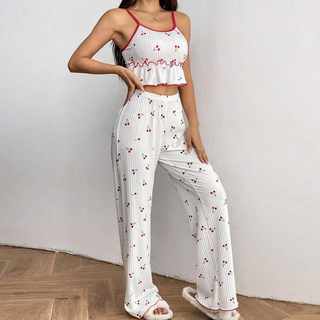 Summer Sling Pajamas Set Women Pants and Sleeveless Tops Set Round Neck Sleepwear Young Girls Cherry Print Loungewear Homewear Pyjamas