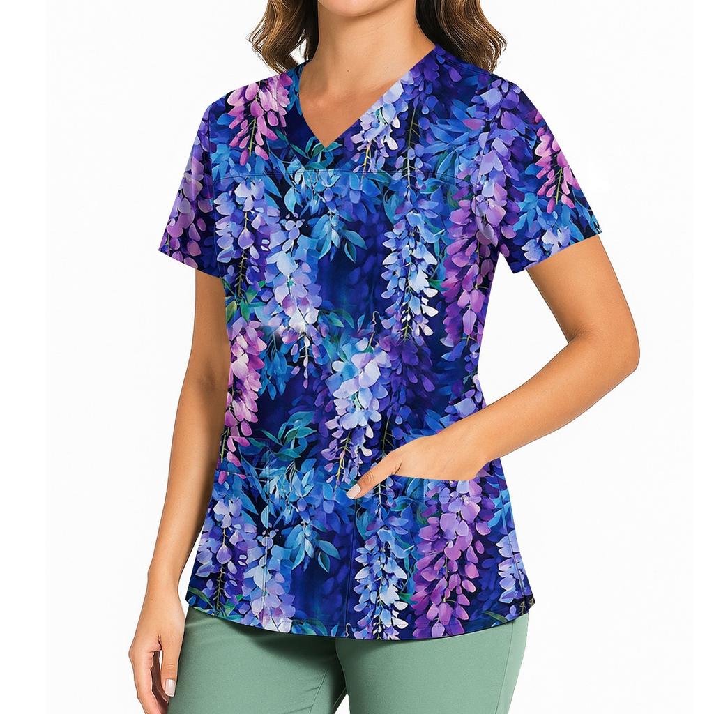 Women's Floral Print V Neck Medical Scrub Top with Side Slits Short Sleeve Professional Nurse Uniform Shirt for Healthcare Workers