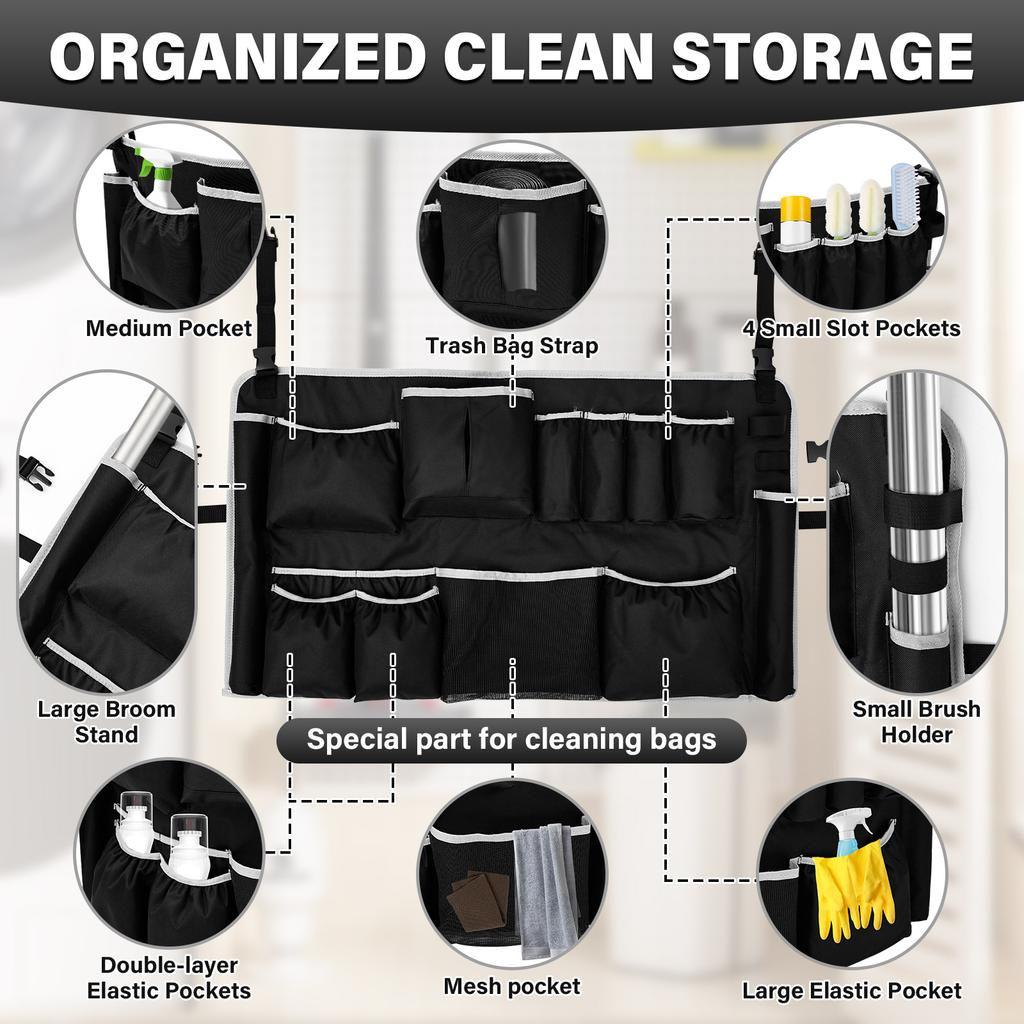 Trash Can Caddy Bag Professional Cleaning Tool Storage Bag with 13 Pockets Janitor Garbage Can Organizer for 32 to 55 Gallon Bin