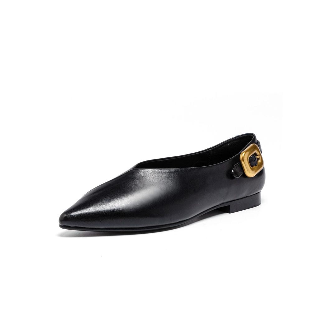 Versatile pointed single shoes women's summer black commuting witch shoes genuine leather soft-soled grandma shoes flat-soled shallow mouth small leat