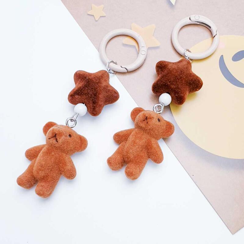 Brown Star Flocking Bear Carabiner Keyring Key Holder