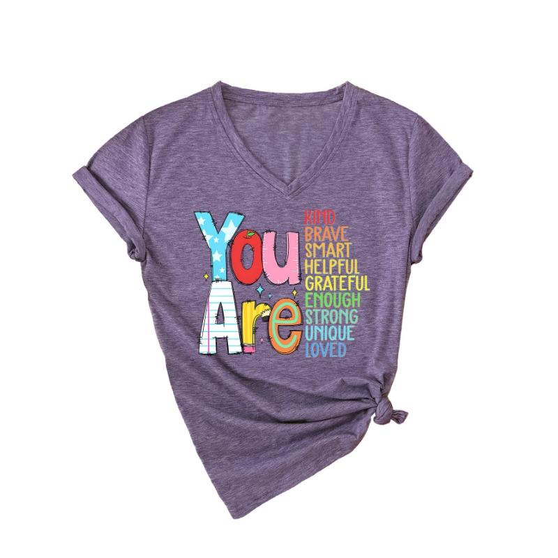 Summer V-neck Inspirational Text Printed Top Fashionable Casual Short Sleeved Women's T-shirts