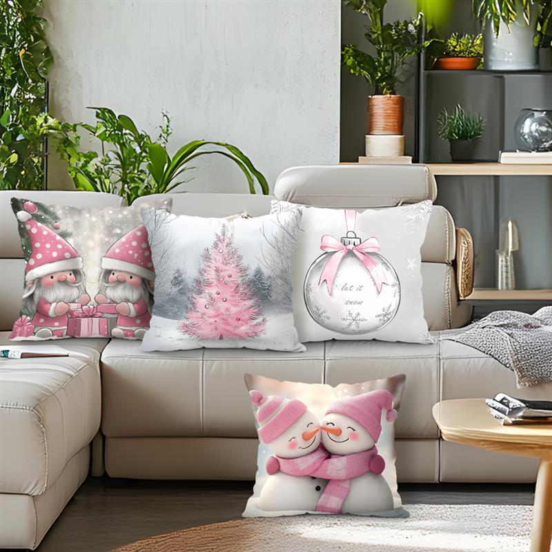 Home Decor Pink Gnome & Snowman Christmas Pillows Pattern Cushion Cover Suitable for Sofa Bedroom Car Pillow Cover