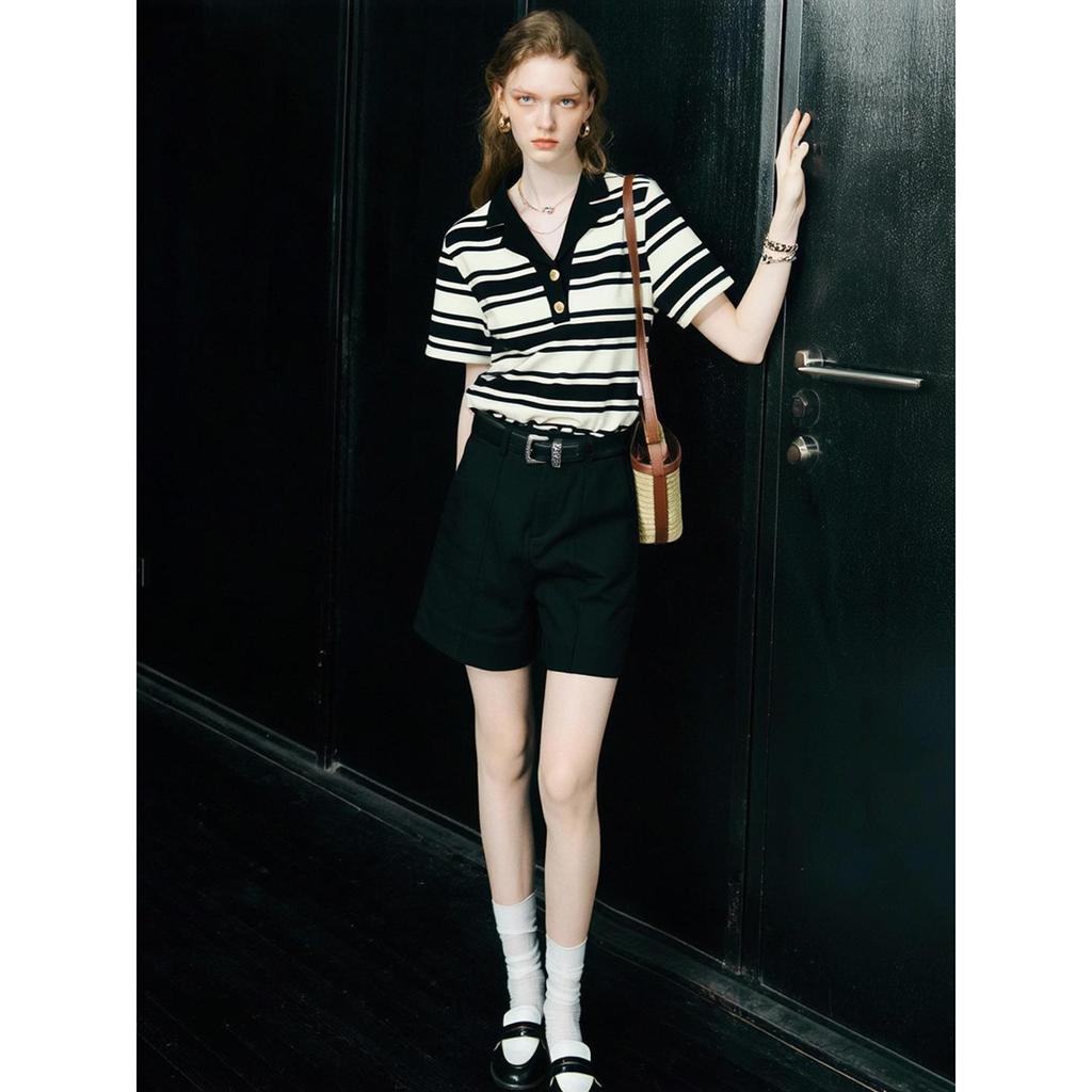 Jomi, French POLO collar contrasting color striped short-sleeved T-shirt women's summer new casual versatile top