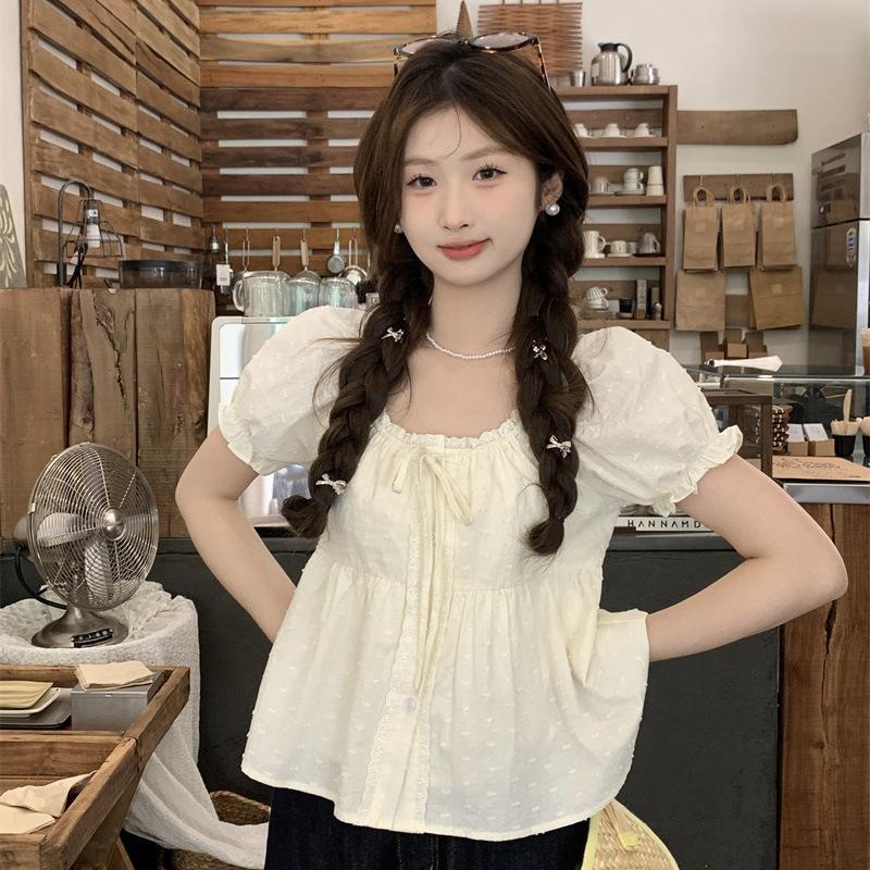 Koreansk Puffärmad Liten Dam Sommarblus - Kort Dockstil Fransk Topp
