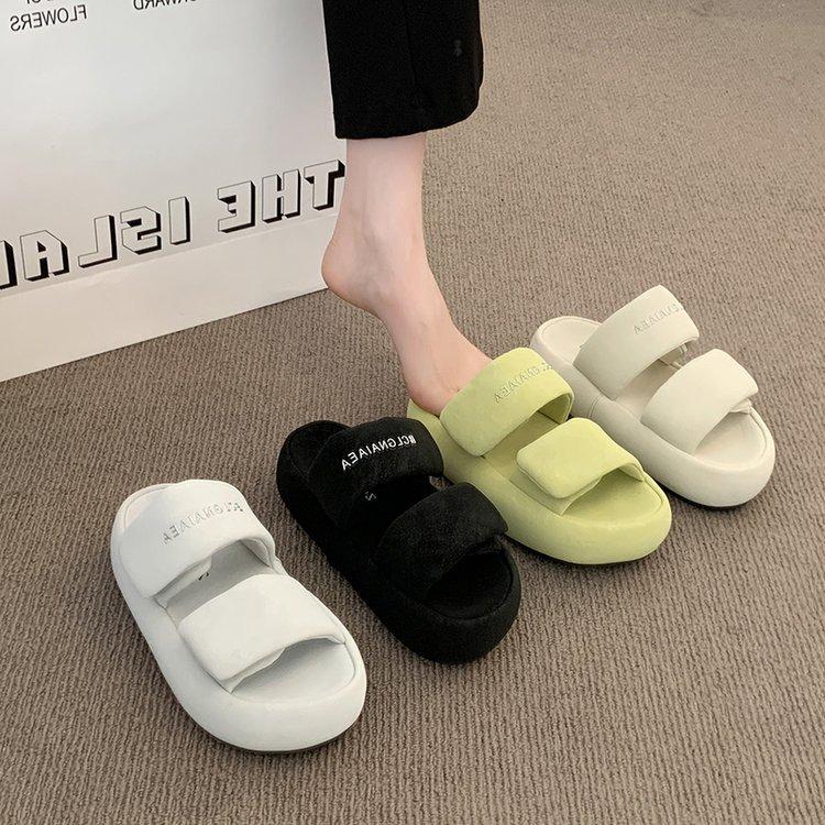 Thick-bottomed Heightening One-word Slippers for Women's 2025 Summer New Fashionable Outer Wear Non-slip and Shit-stepping Velcro Cool Slippers