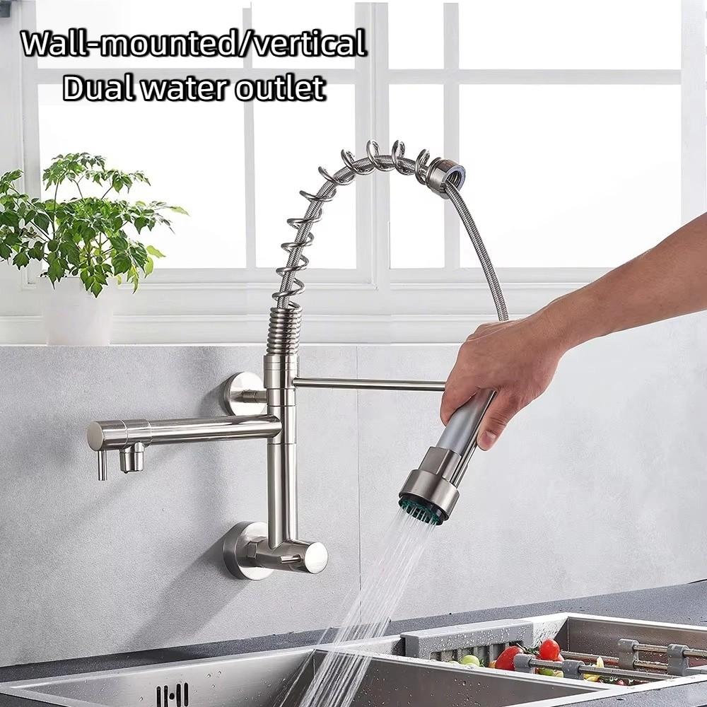 Double Output Kitchen Spring Faucet High Pressure Stainless Sink Faucet Vertical/wall Mounted 360° Rotating Hot/Cold Faucets