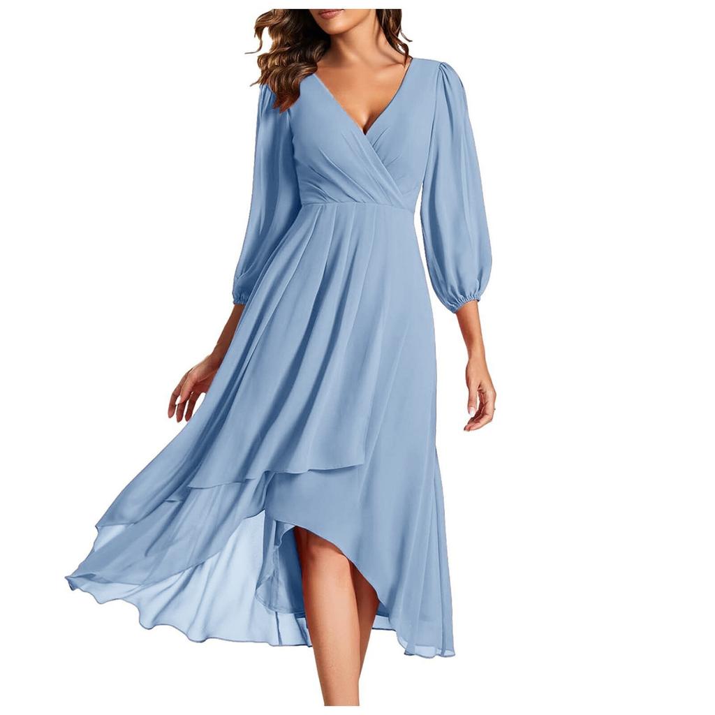 Dámské módní šaty s dlouhým rukávem a výstřihem do V, volné, štíhlé, večerní, ležérní, šifonové