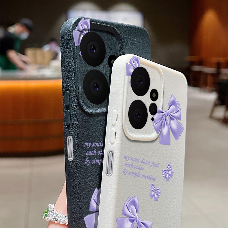 Purple Bowknot Print Leather Texture TPU Matte Case For Xiaomi 13T Poco X6 M6 Redmi Note 14 Pro 13 12 11 Lens Protection Soft Shockproof Phone Cover