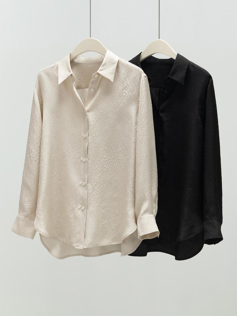 Elegant Women's Jacquard Silk Blouse - Long Sleeve Solid Mulberry Silk Top for Spring 2026