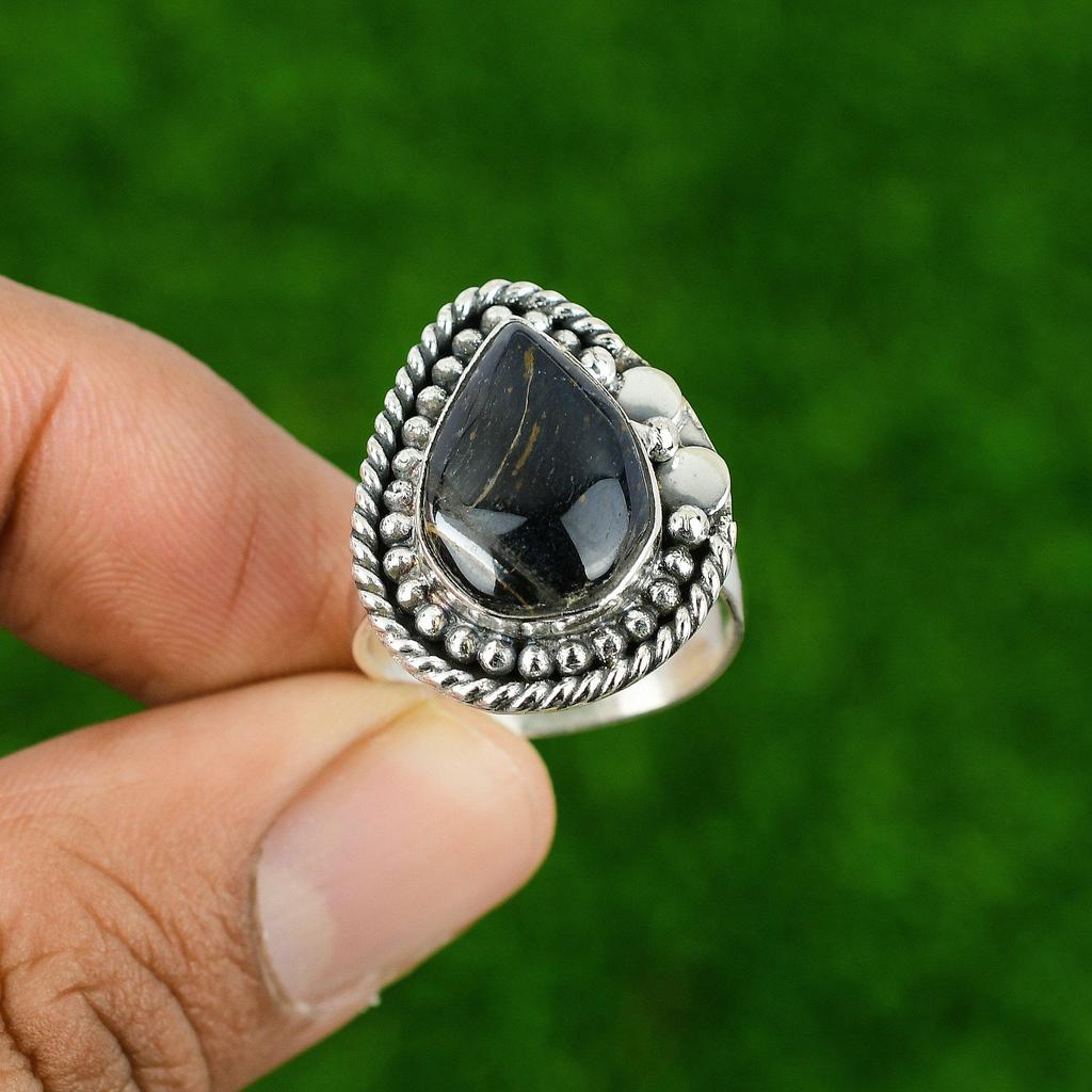 Sterling Silver Pear Sacral Chakra Black Tiger's Eye Stone Statement Mother Ring