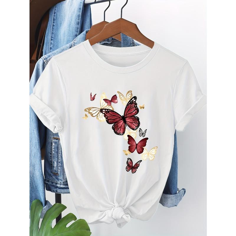 

European Size European Size Women S Casual Crew Neck Short Sleeve T-Shirt with Vibrant Butterfly Print, Soft Regular Fit, Spring/Summer/Fall Top S белый