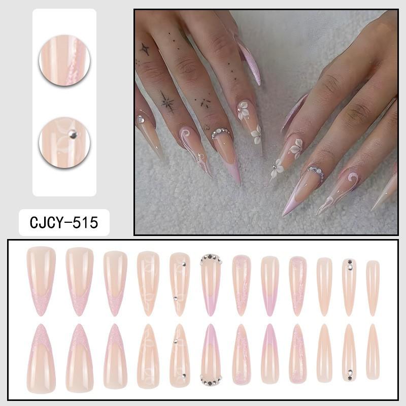24pcs Long Pointed Press-On Nails With Floral Design Soft Skin Tone Rhinestone Accents Sweet INS Style Women