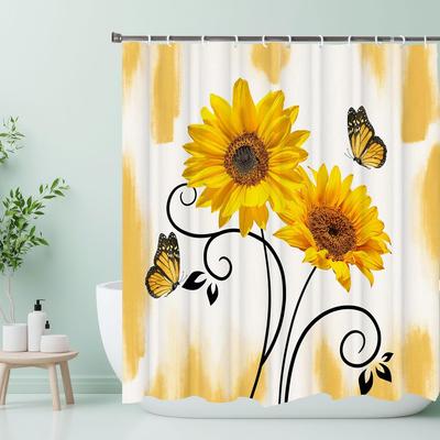Sonnenblumen Bauernhaus Blumiges Duschvorhang mit Gelbem Schmetterlingsdesign, Abstrakt Botanisch Künstlerisch Natur Badezimmer Dekoration