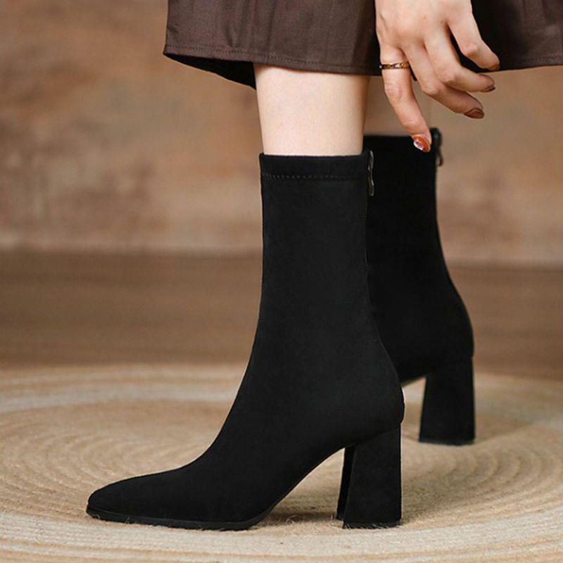 Women s Genuine Leather Suede Ankle Boots Chunky Heel Elastic Height-Increasing Slimming Petite Fit for AutumnWinter EU 35 2956₽