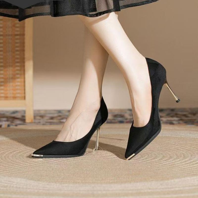 Fashion Women's Thin Heel Shoes Autumn New Metal Pointed Shallow Mouth Anti-slip Wear-resistant High Heels