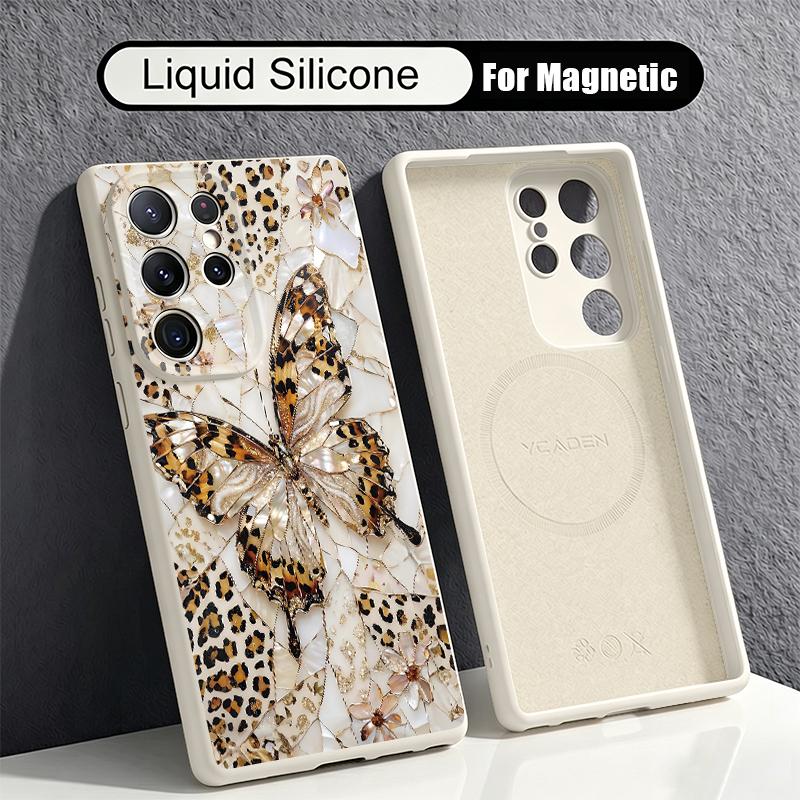 Luxury Butterfly Print Case For Samsung Galaxy S26 S25 Ultra S24 Plus S23 S22 Ultra Magnetic For Magsafe Liquid Silicone Cover