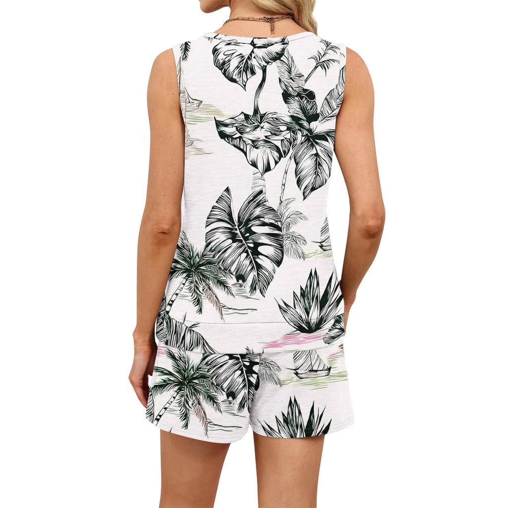 Women's Summer Casual Floral Print Tank Top Square Neck Sleeveless Athletic Shirt with Pockets and Matching Shorts Set