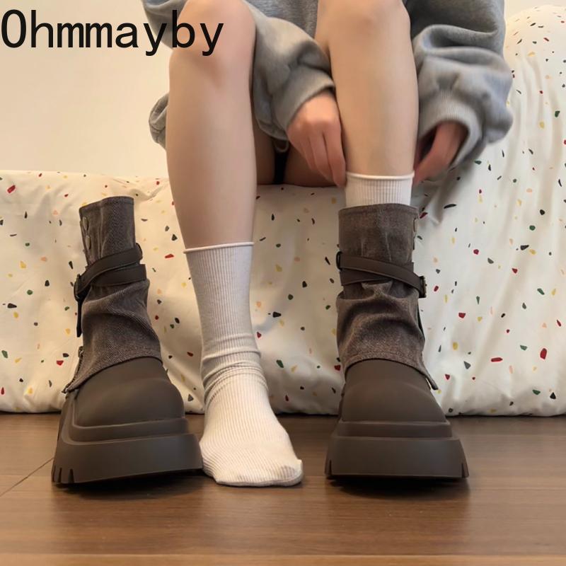 Winter Punk Style Women Ankle Boots Fashion Belt Buckle Shoes Ladies Concise Chunky Platform Heel Short Booties  De Mujer