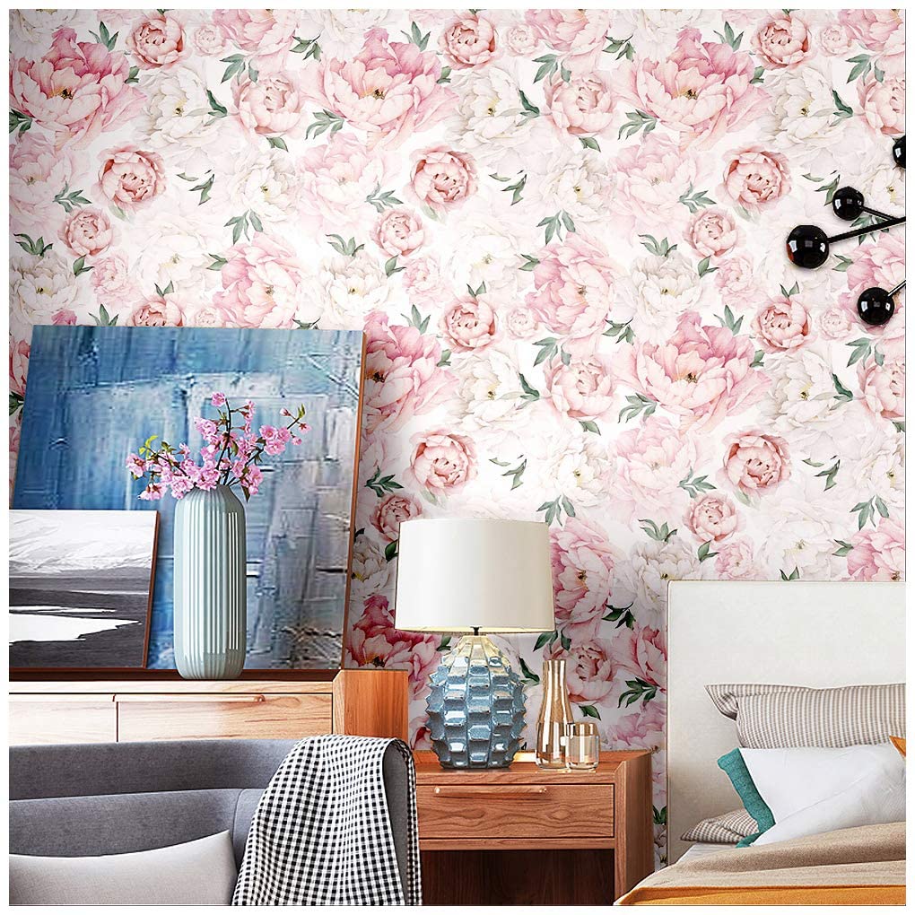 White Pink Peel and Stick Wallpaper Removable Fresh Peony Self-Adhesive Prepasted Wallpaper Waterproof Extra Thick Wall Mural