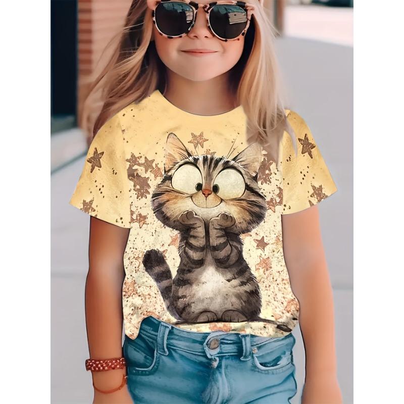 New Summer Girls Clothes Cartoon Cute Cat Graphic T Shirt Short Sleeve Tops for Girls 4 to 6 Years Casual Children's Clothing