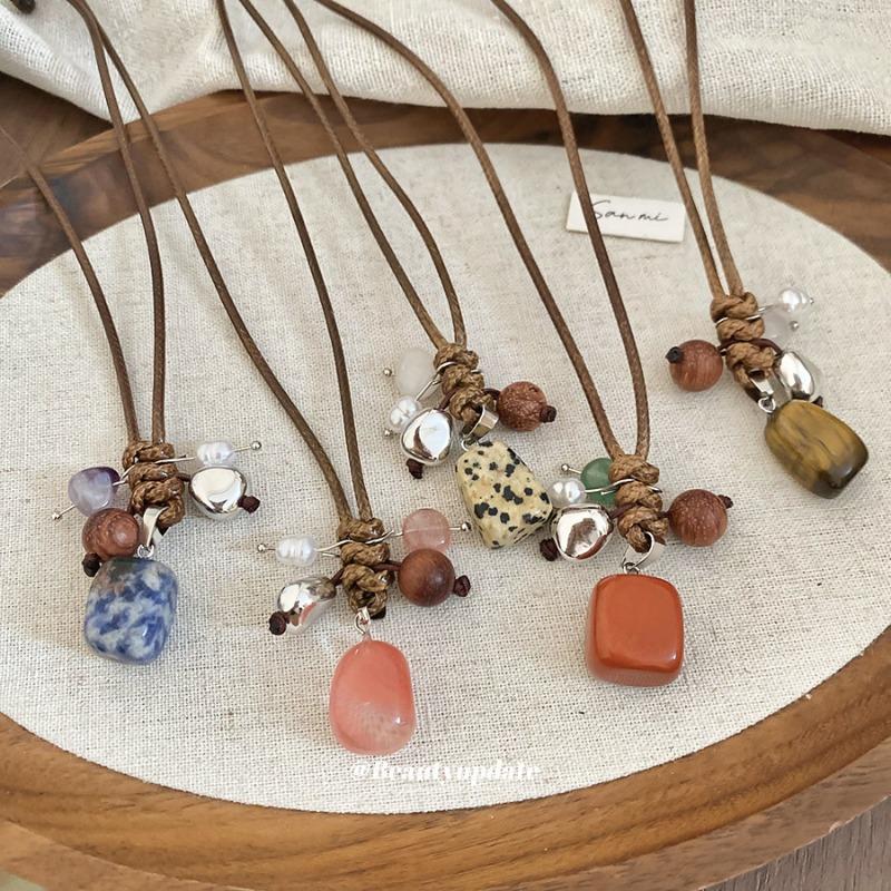Wax Rope Stone Wood Beaded Pendant Stretchable Necklace Ethnic Style Item Decoration Personality Niche Design Sweater Chain