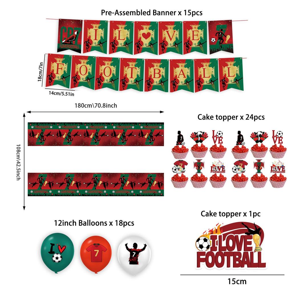 CR7 World Cup Star Fan Party Set: Plates, Cups, Napkins, Tablecloth, Banner & Decorations.